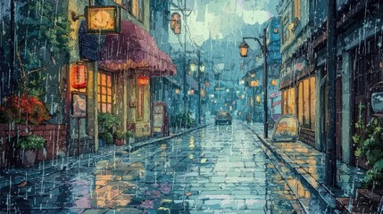 Rainy evening in a cobblestone street with street lights and shops.