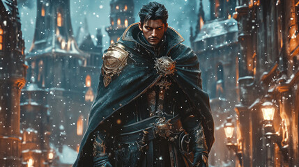 Obraz premium A cold man on a snowy day, a medieval castle