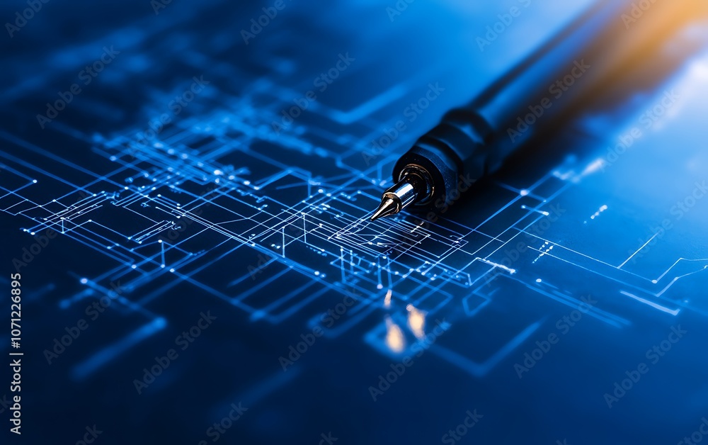 Poster A close-up view of a sleek pen resting on a digital circuit board, symbolizing the intersection of technology and creativity.