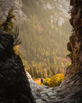 Hiker overlooking canyon and waterfall