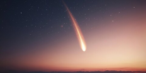 A realistic view of a comet with a bright tail streaking across the night sky, leaving a trail of dust and light