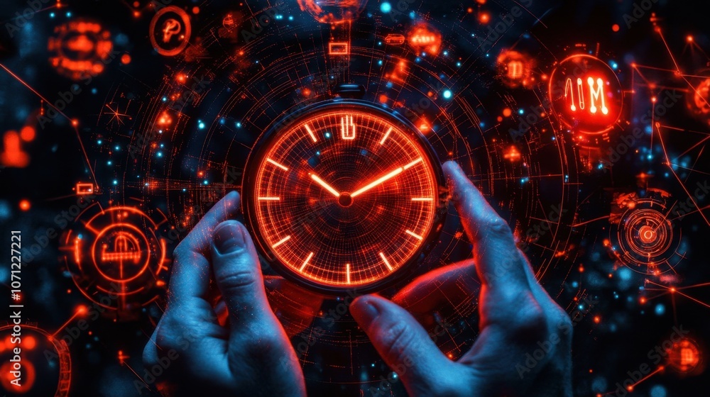 Poster red digital clock interface with hands holding device