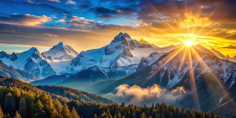 Sunrise casting vibrant sun rays on snow-capped peaks in a serene mountain landscape , mountains, snow, sunrise
