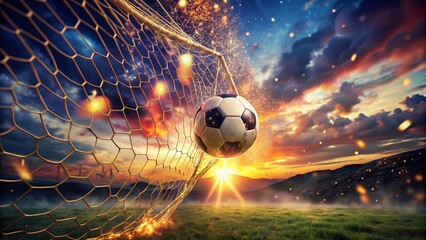 Surreal Soccer Ball in Net with Sparks: A Dreamlike Scene of Energy and Motion Captured in Vibrant Colors, Perfect for Sports Enthusiasts and Creative Projects