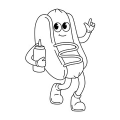 Hotdog Cartoon Character holding Sauce Bottles Outline