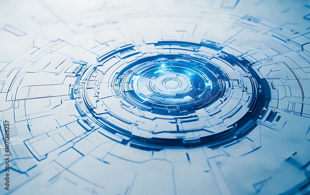 Poster a futuristic, abstract design featuring a glowing blue circular element on a light background, sugge