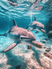 Obraz premium one pale pink dolphins flying out of the sea, peaceful scene, clear and transparent water, dreamy colors, high level of detail, generative ai