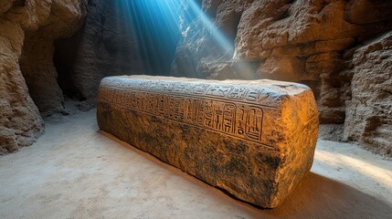 A stone sarcophagus with hieroglyphics lies in a dimly lit cave with a beam of light shining down.