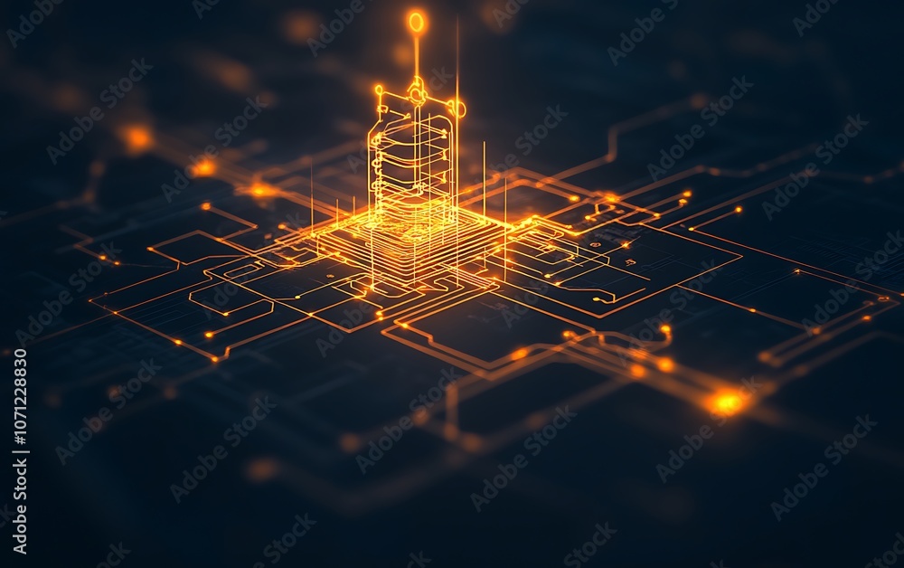 Poster a glowing, abstract digital cityscape with luminous circuits, representing technology and innovation