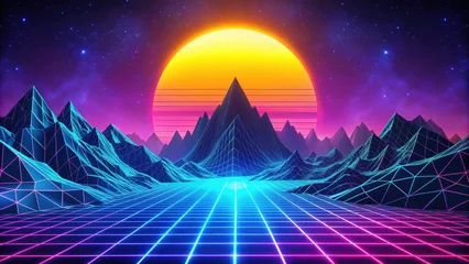 Selbstklebende Fototapeten 80s retro futuristic sci-fi landscape with neon lights, low poly terrain, mountains, sun, and stars, retrowave, VJ, videogame © lapeepon