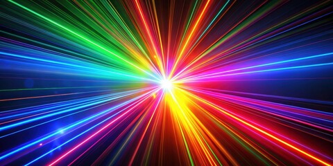Obraz premium Multicolored bright laser rays moving and flashing on a black background, cosmic creative background, abstract pattern, laser