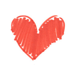 A bright red heart, hand-drawn with a felt-tip pen. Heart, love, hand-drawn marker. A heart isolated on a white background for design