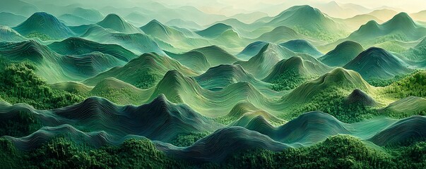 Lush green hills with undulating landscapes under soft light.