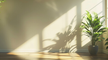 Sunlight streams through a window, casting long shadows on the wall behind a large potted plant.