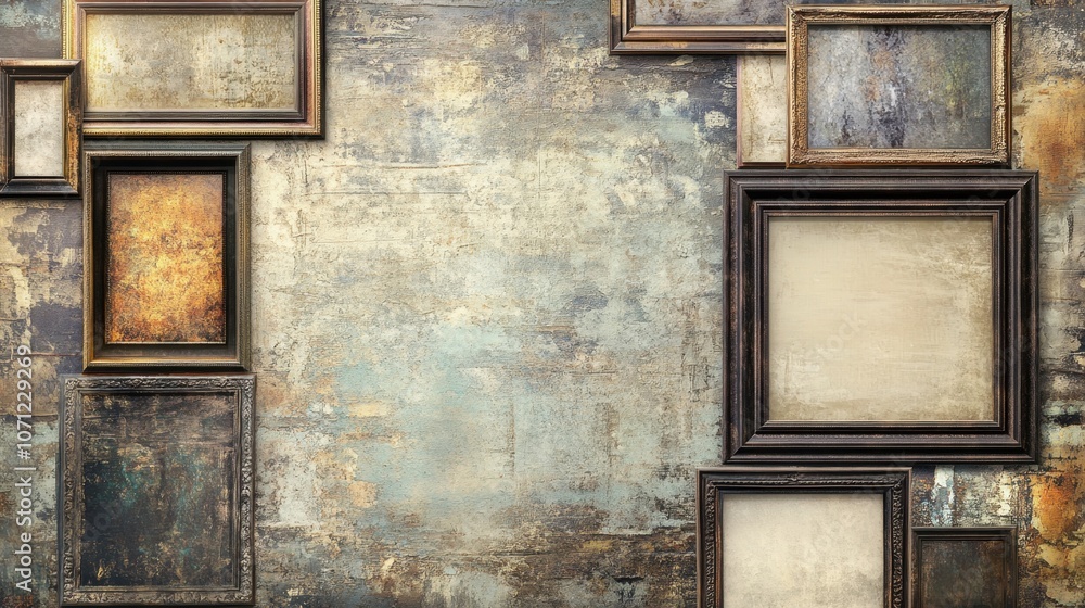 Poster artistic wall with empty picture frames and textures