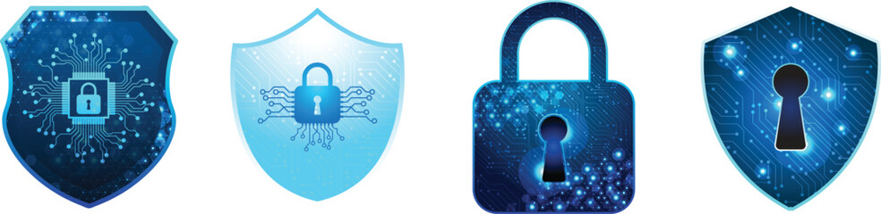 Technology cyber security shield vector illustration. Concept of internet privacy, cyber protection and antivirus. Shield lock in futuristic style