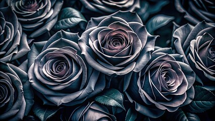 Close-Up of Beautiful Black Rose Flowers with Leaves in Low Light Photography - Isolated on White Background for Elegant Floral Decor and Artistic Displays