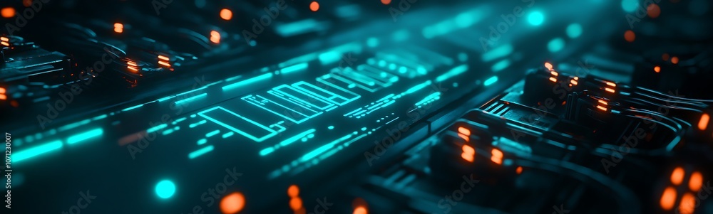 Poster A close-up view of a futuristic circuit board illuminated with glowing blue and orange lights, showcasing intricate patterns and technology.