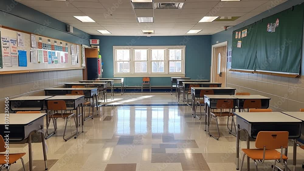 Poster This classroom is filled with empty desks and bright sunlight streaming through the windows.
