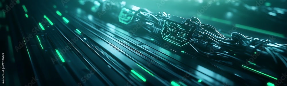 Poster a futuristic, abstract image showcasing illuminated wires and circuits in a digital environment, hig