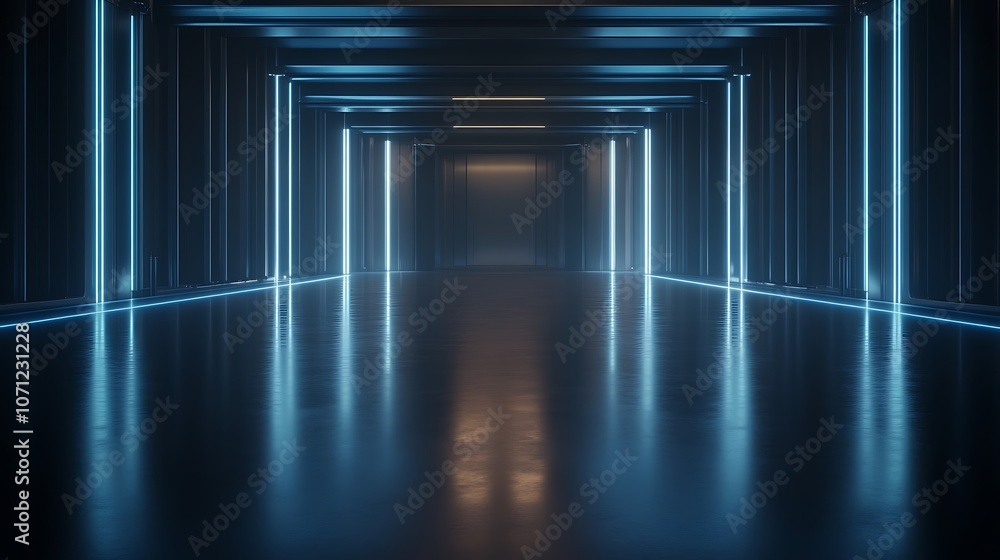 Poster a futuristic corridor featuring sleek lighting and a reflective floor, creating an immersive, digita