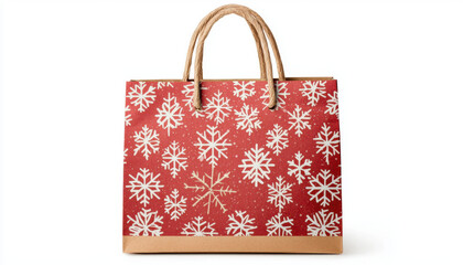 A festive red bag featuring white snowflakes, perfect for holiday shopping or gifting during the winter season.