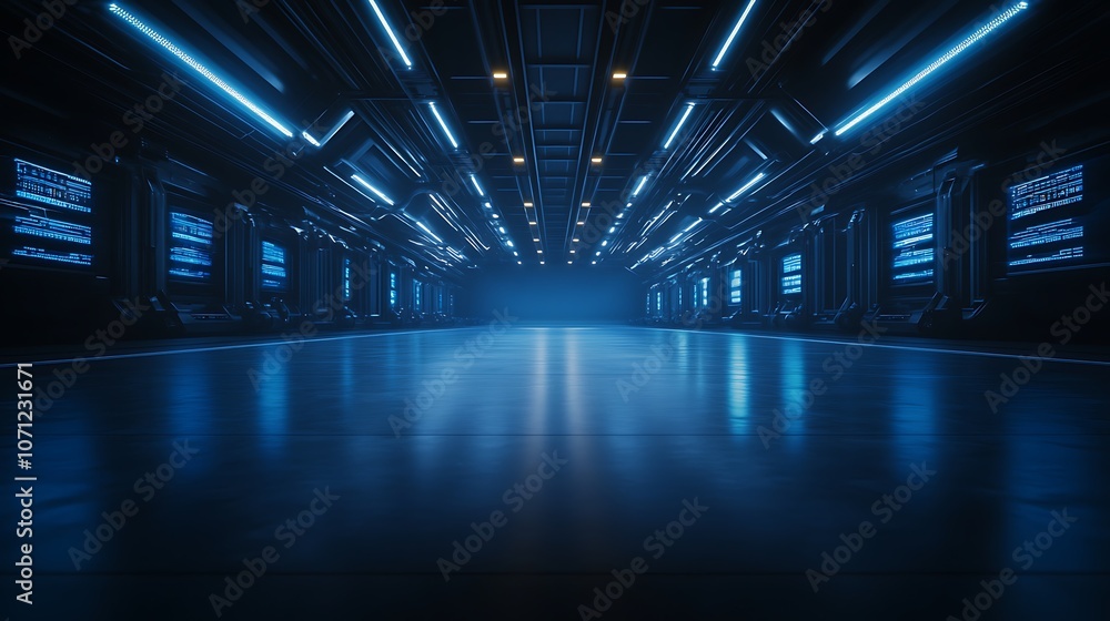 Poster a futuristic, illuminated corridor with blue lighting and a reflective floor, creating a high-tech a