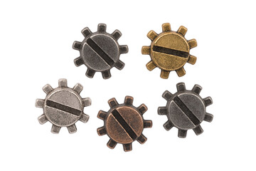 Five cogwheels in different color. This industrial element seems like inspired by steampunk machine part. Isolated on white background. Cut out.