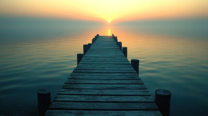 Obraz premium A wooden pier extends into a calm lake at sunrise, with the sun just peeking over the horizon, casting a warm glow over the water.