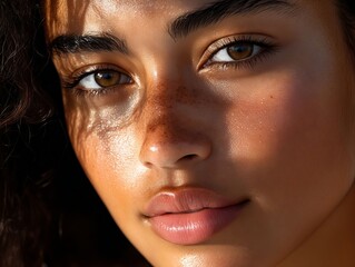 A close up of a woman's face with freckles on her face