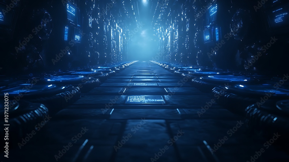 Aufkleber a futuristic, illuminated corridor with glowing blue lights and a mysterious atmosphere, leading int
