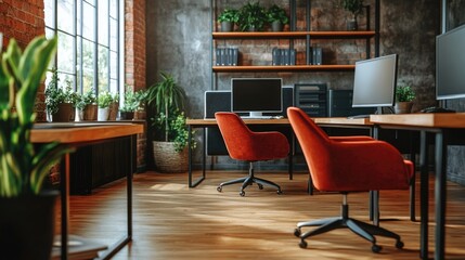 Fototapeta premium Professional Office Space with Modern Furniture and Plant Life