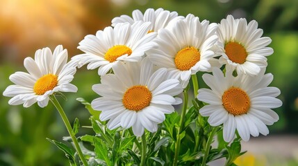 Obraz premium White daisies glowing in golden hour sunlight