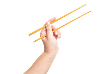 Female hand holding a orange plastic chopstick isolated on white background.