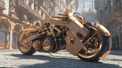 Innovative Steampunk Motorcycle in Retro-Futuristic Cityscape - Ultra-Detailed 3D Render Artwork