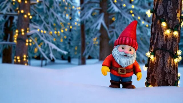 A playful gnome wearing a cozy wool hat and scarf, standing in a snowy forest with a whimsical expression, surrounded by pine trees and twinkling lights, capturing a festive winter scene