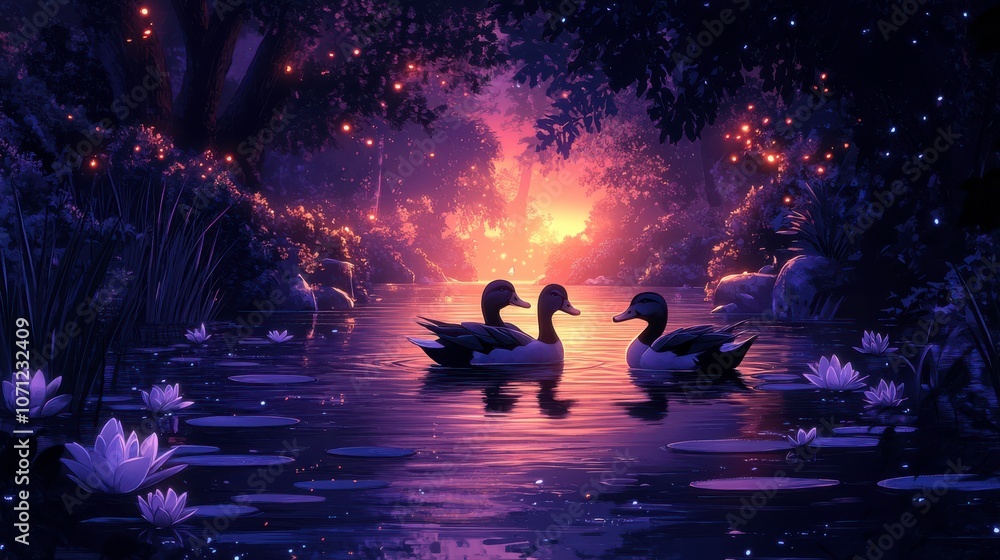 Poster serene pond scene with ducks and lily pads in vector style