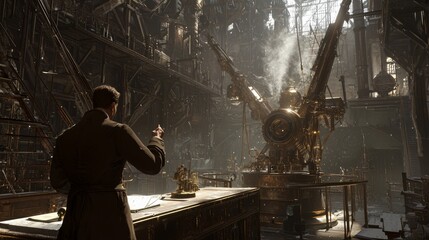 Fototapeta premium Steam-Powered Victorian Scientist: Ultra-Detailed Steampunk 3D Render Digital Artwork of a Genius Inventor in Workshop