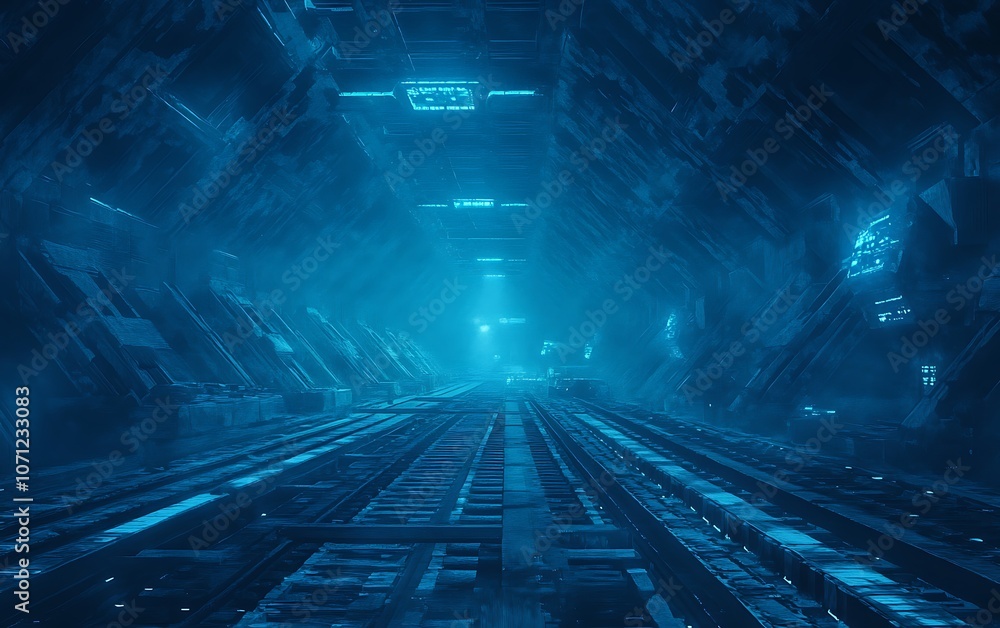 Poster a surreal, futuristic corridor illuminated with blue lights, featuring intricate structures and a se