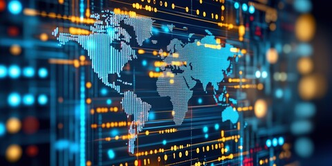 Fototapeta premium Futuristic digital map displaying global connections with vibrant data streams, symbolizing technology and interconnectedness.