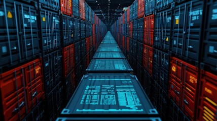 A futuristic server room, featuring aligned data servers with glowing elements, showcasing advanced technology and digital interfaces in a sleek environment.