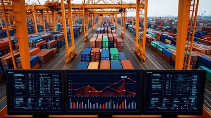A bustling container terminal with numerous stacked cargo containers, displaying logistics management data on monitors in the foreground.