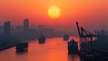 Obraz premium A serene sunset over a river, with silhouettes of boats and buildings creating a tranquil scene.