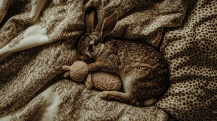 Obraz premium Cozy Rabbit Nestled with Soft Toy