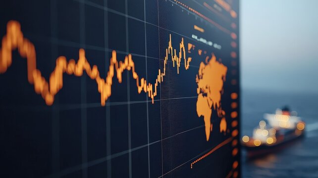 A visually striking image showcasing a stock market chart with orange trends superimposed over a view of a shipping vessel at sea.