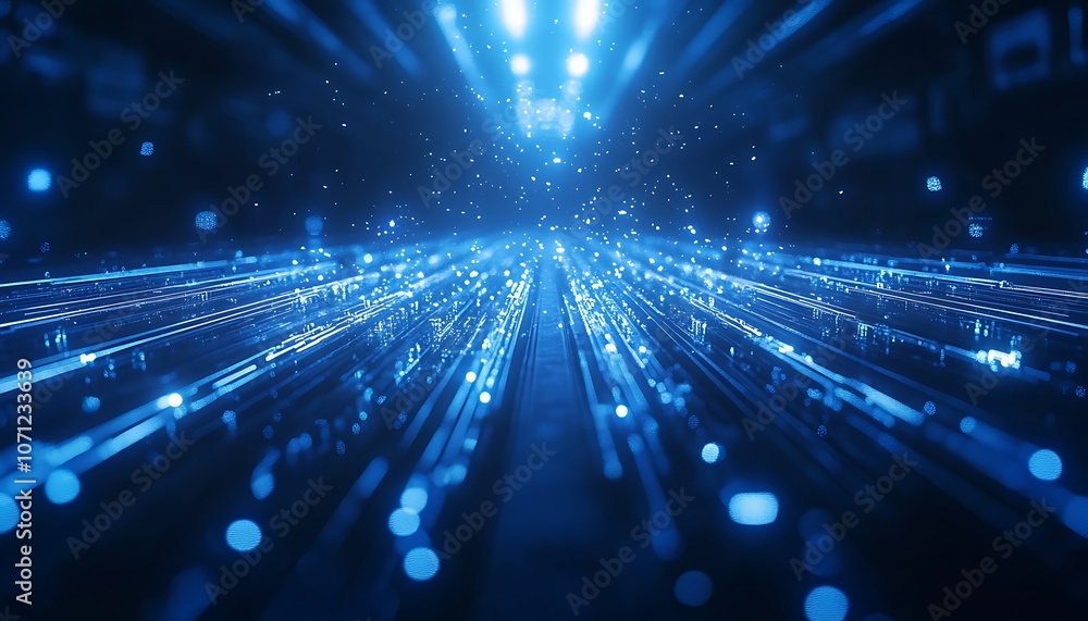 Poster A mesmerizing blue light display with rays and particles creating a dynamic, futuristic ambiance reminiscent of digital innovation.