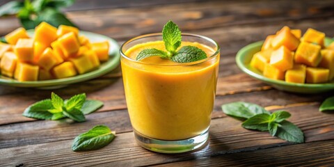 Fototapeta premium Refreshing fresh mango smoothie with vibrant mint leaves and juicy mango chunks , mango, smoothie, fresh, mint leaves, fruit