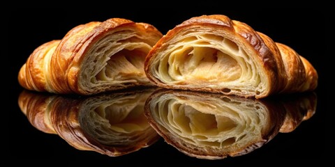 Fototapeta premium Croissant cut in half on top of a full croissant on black background, croissant, bakery, pastry, French, breakfast, brunch