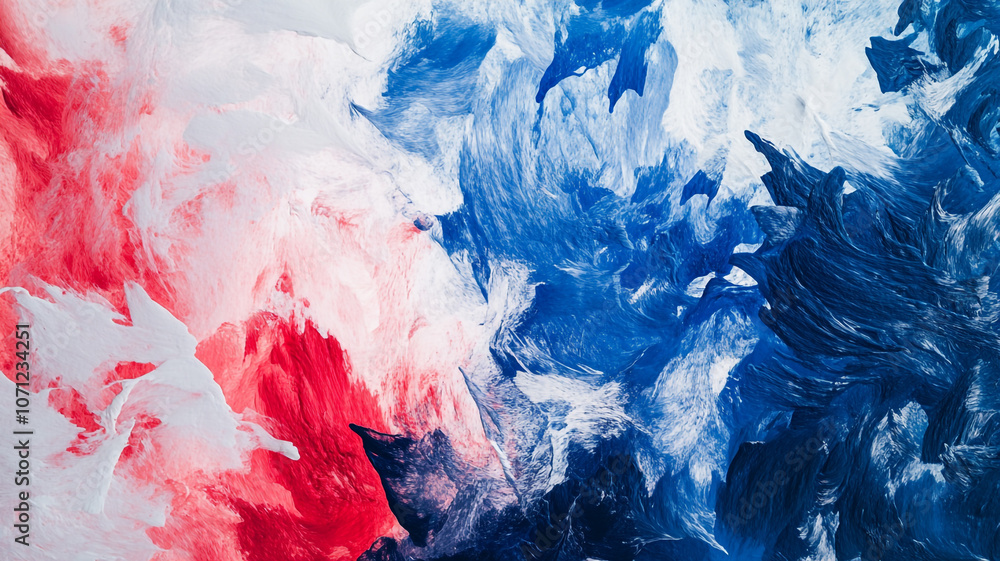 Poster Abstract painting with vibrant red and blue colors blending together in a dynamic swirl pattern