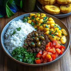 Delicious Latin American Cuisine Bowl with Rice, Beef, Olives, Tomatoes, Peppers, Cilantro and Plantains - Perfect for Tropical Taste and Culinary Exploration